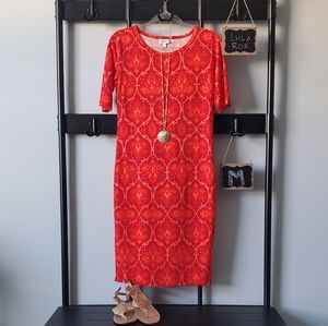 LuLaRoe Julia Orange and Red Baroque Paisley